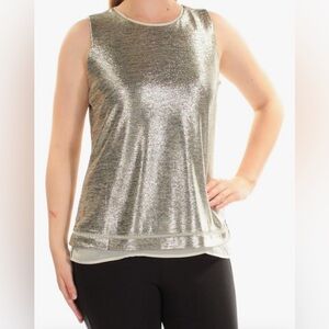 Calvin Klein Size Large Gold‎ Metallic Shimmer Sleeveless Y2K Lined Flowy Blouse